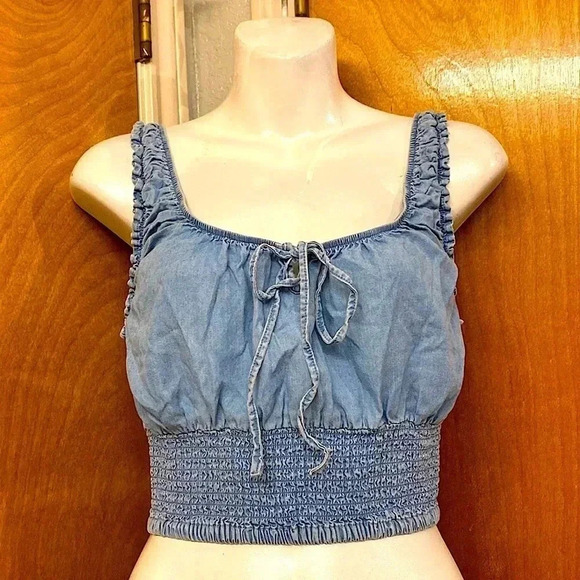 Blue Denim Ribbed/Ruffled Crop Top - Picture 1 of 6